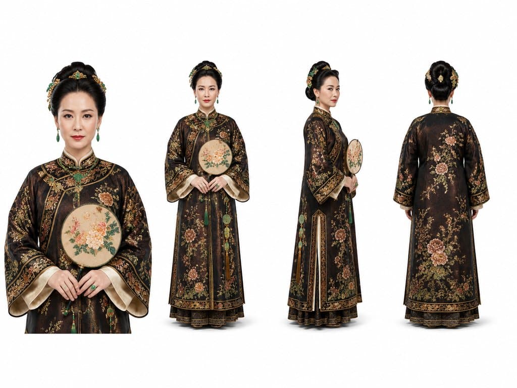 身穿华贵传统服饰的当家主母，手持团扇，佩戴翡翠饰品，展现豪门威仪