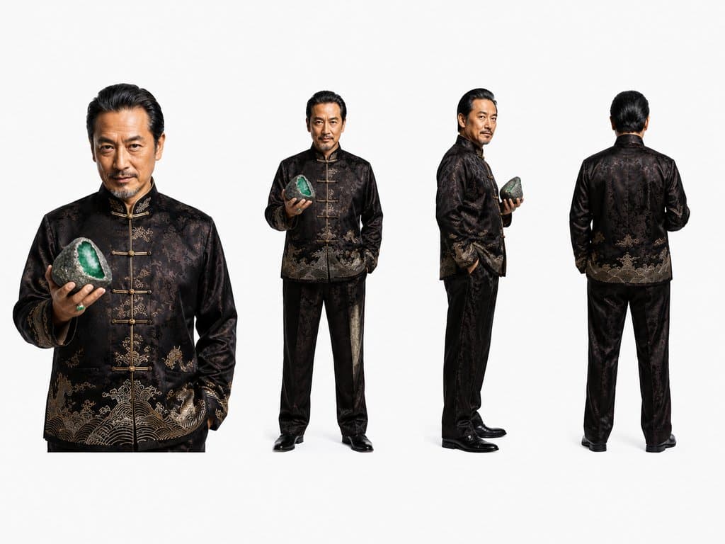 身穿唐装的豪门赌石商人手持原石，写实风格3D角色图