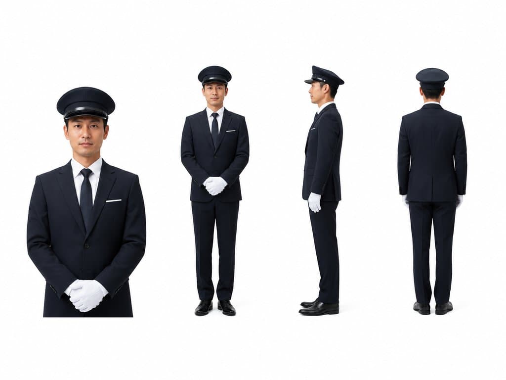 身穿黑色西装、戴礼帽的豪门司机，白色手套，正面、侧面、背面多角度展示，写实风格
