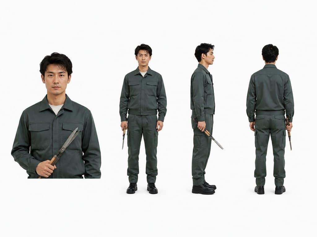 身穿深绿色工装的男性园丁，手持修剪工具，多角度展示，写实风格