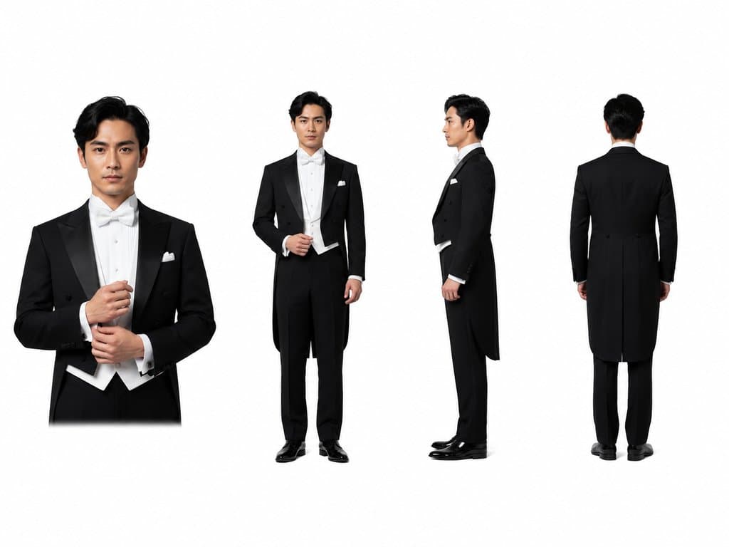 身穿黑色燕尾礼服的男性角色，正面、侧面和背面视角，写实风格