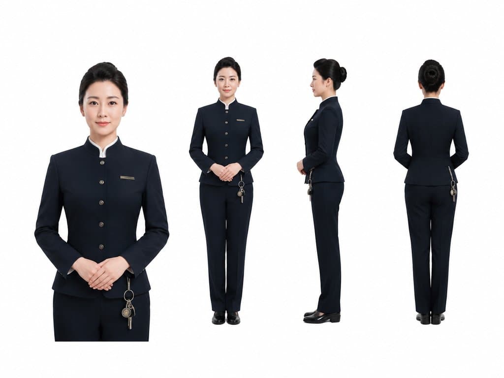 女管家身穿深色制服，佩戴钥匙串，姿态利落，写实风格