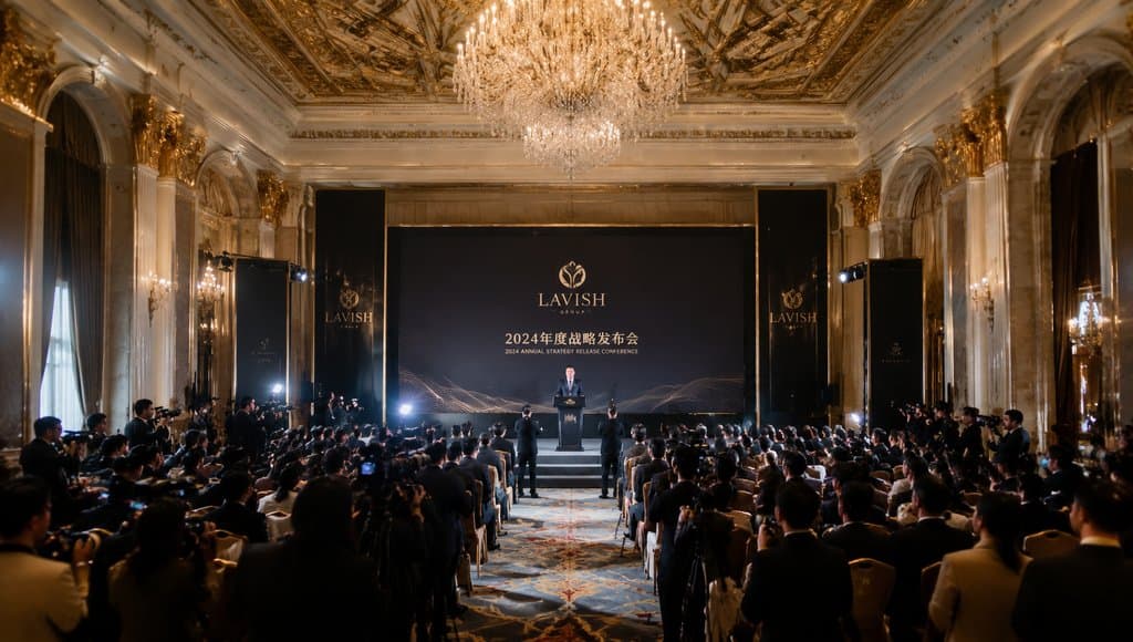 豪门记者发布会现场，奢华宴会厅内灯光璀璨，讲台前演讲者面对众多记者与闪光灯，背景为LAVISH品牌LOGO背板