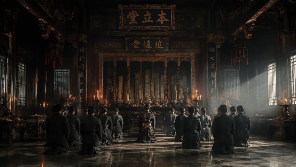 豪门家族祠堂内，众人跪拜祖先牌位，烛光映照庄严场景，写实风格