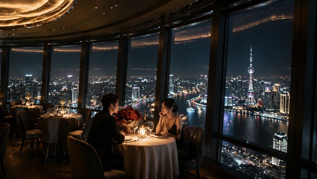 情侣在顶层旋转餐厅烛光晚餐，夜景城市天际线，东方明珠塔，奢华写实场景