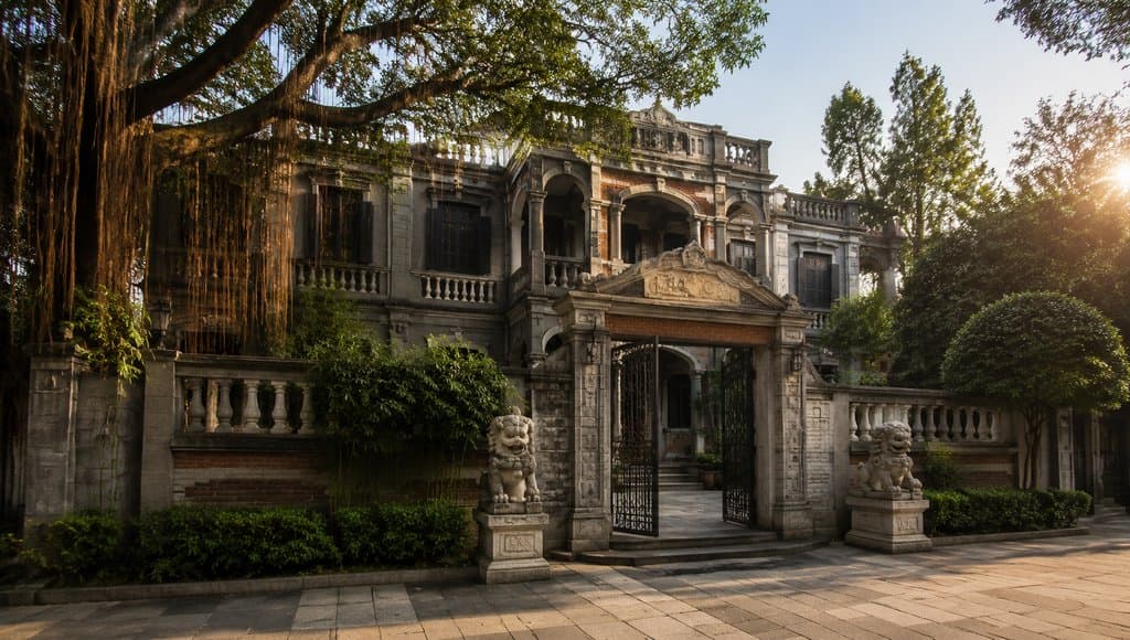 中西合璧风格豪门祖宅，石狮守卫的门楼，绿树环绕，写实建筑细节