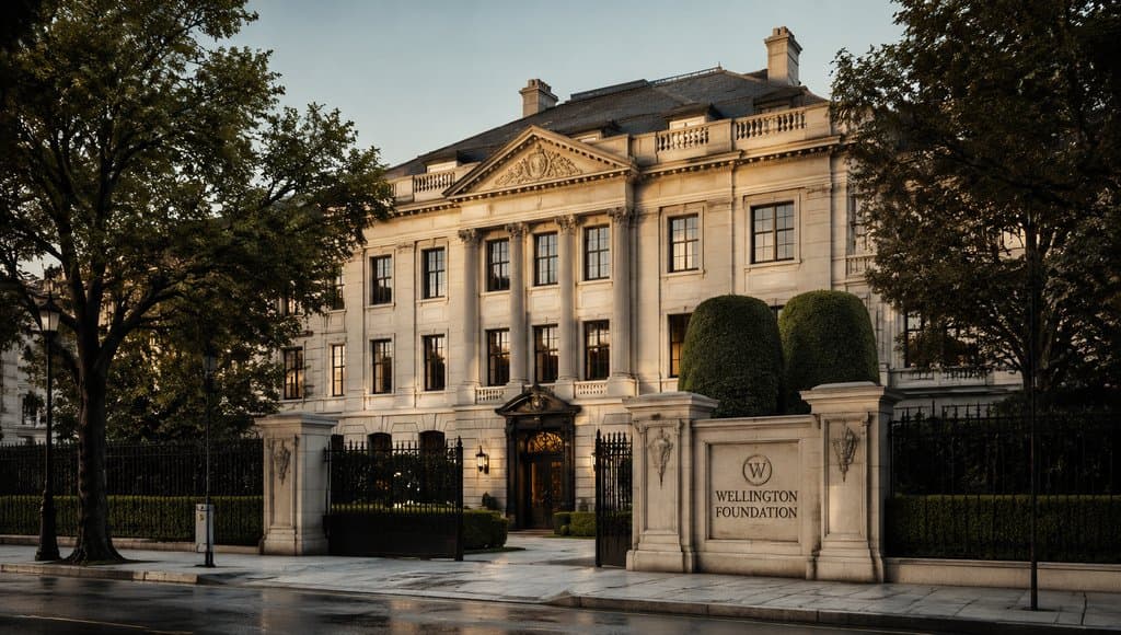 豪门家族基金会大楼，古典建筑风格，石柱门廊，徽标墙，绿植环绕，低调奢华