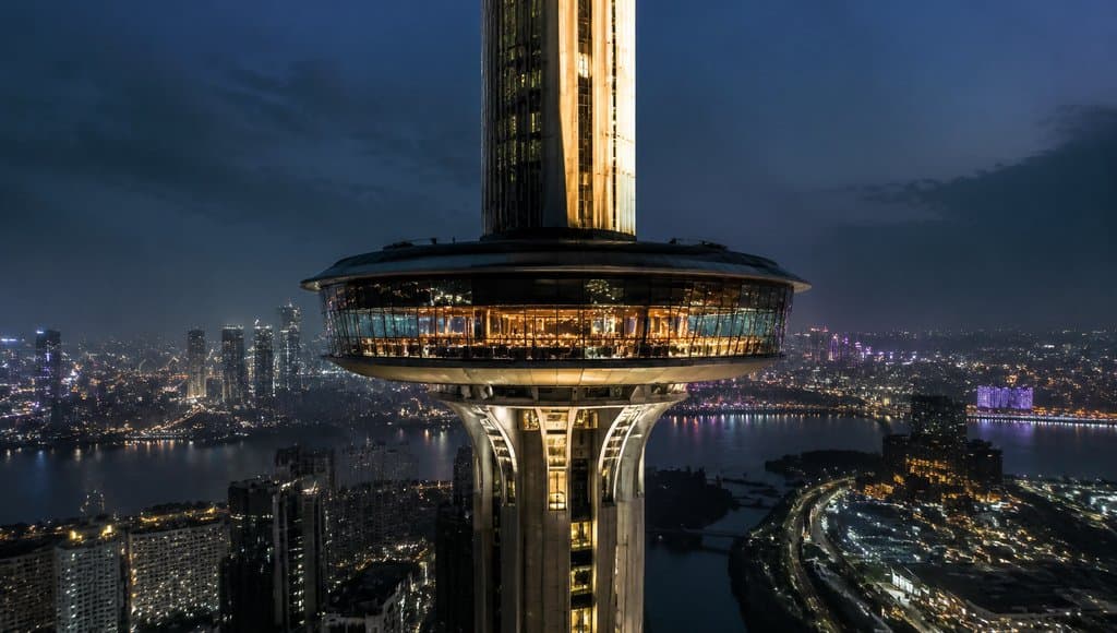 夜晚灯光下的豪门顶层旋转餐厅，环形玻璃结构，城市夜景背景，写实建筑风格