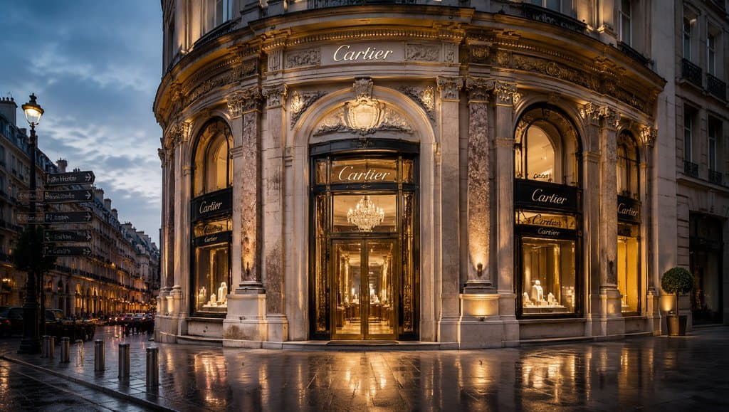 Cartier珠宝旗舰店夜景，华丽古典建筑立面，金色灯光映照玻璃橱窗与大门，雨后湿滑地面倒影，奢华写实风格