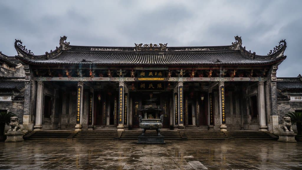 豪门家族祠堂，飞檐翘角，匾额石阶，中式传统建筑，写实风格