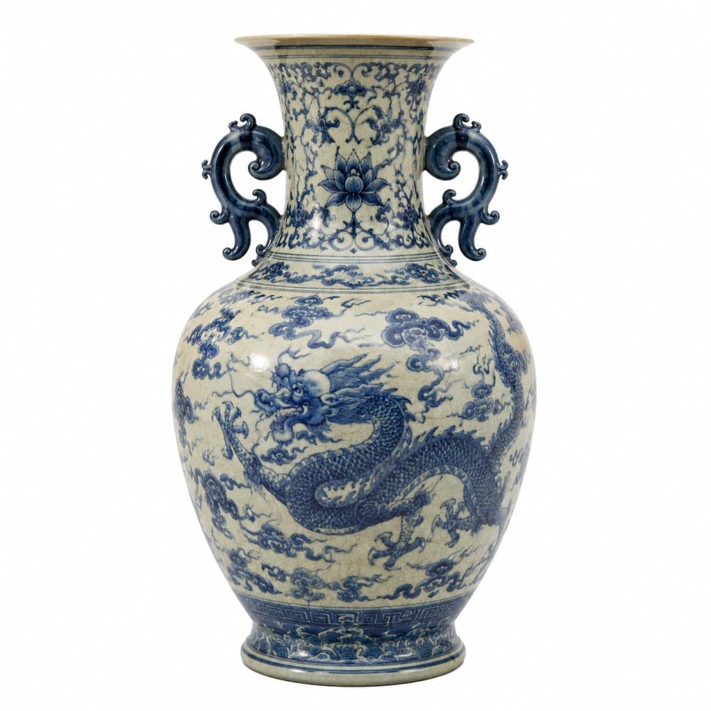 青花瓷古董花瓶，双耳龙纹图案，开片釉光，写实风格