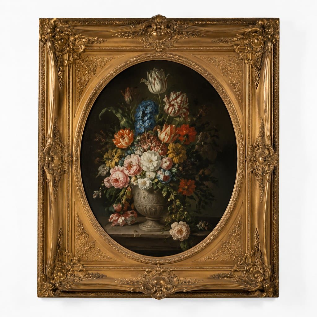 华丽金色画框中的花卉静物油画，古典写实风格