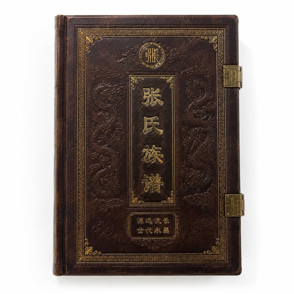 深棕色皮革烫金族谱封面，饰有龙纹和金色文字，古典奢华风格