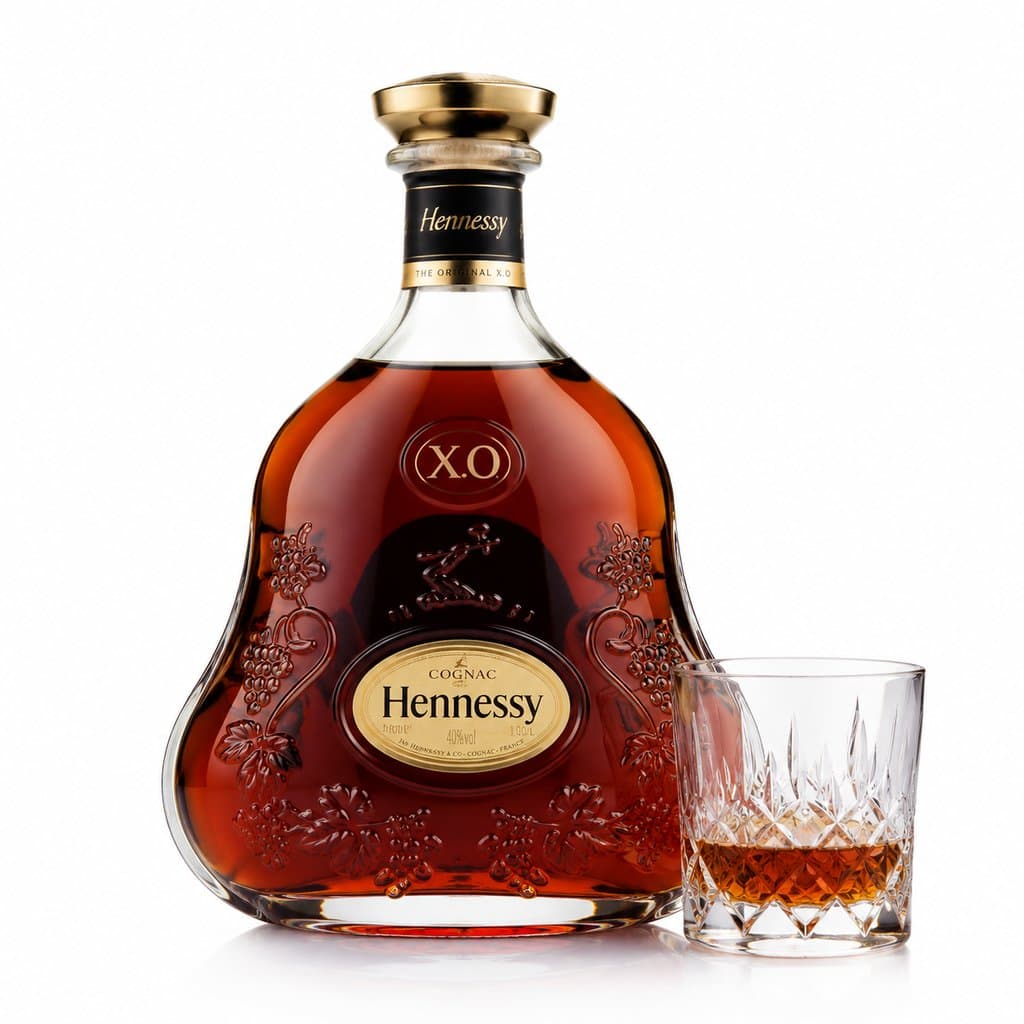亨利爵士XO干邑酒瓶与水晶杯，琥珀色酒液，奢华写实风格