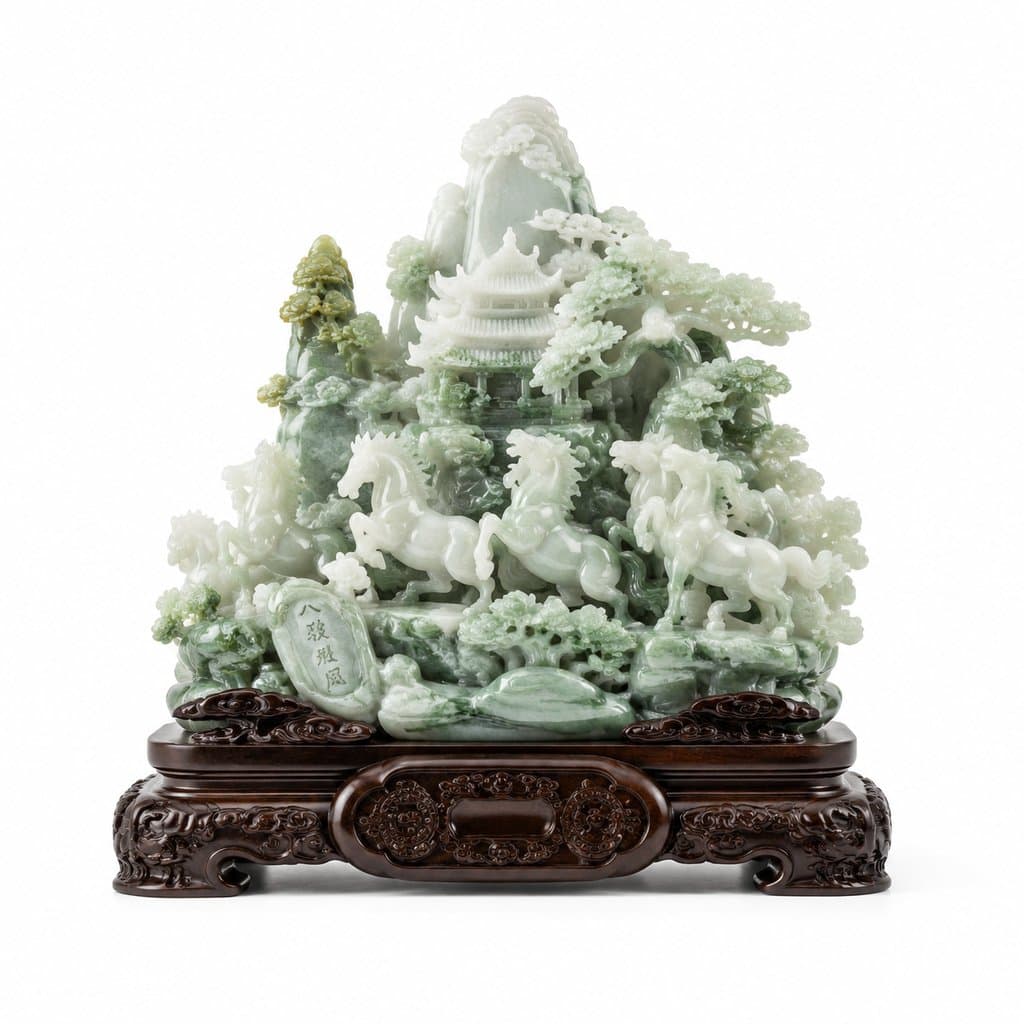 玉石摆件，温润玉质雕刻山水楼阁与骏马，配精美木座，写实奢华风格
