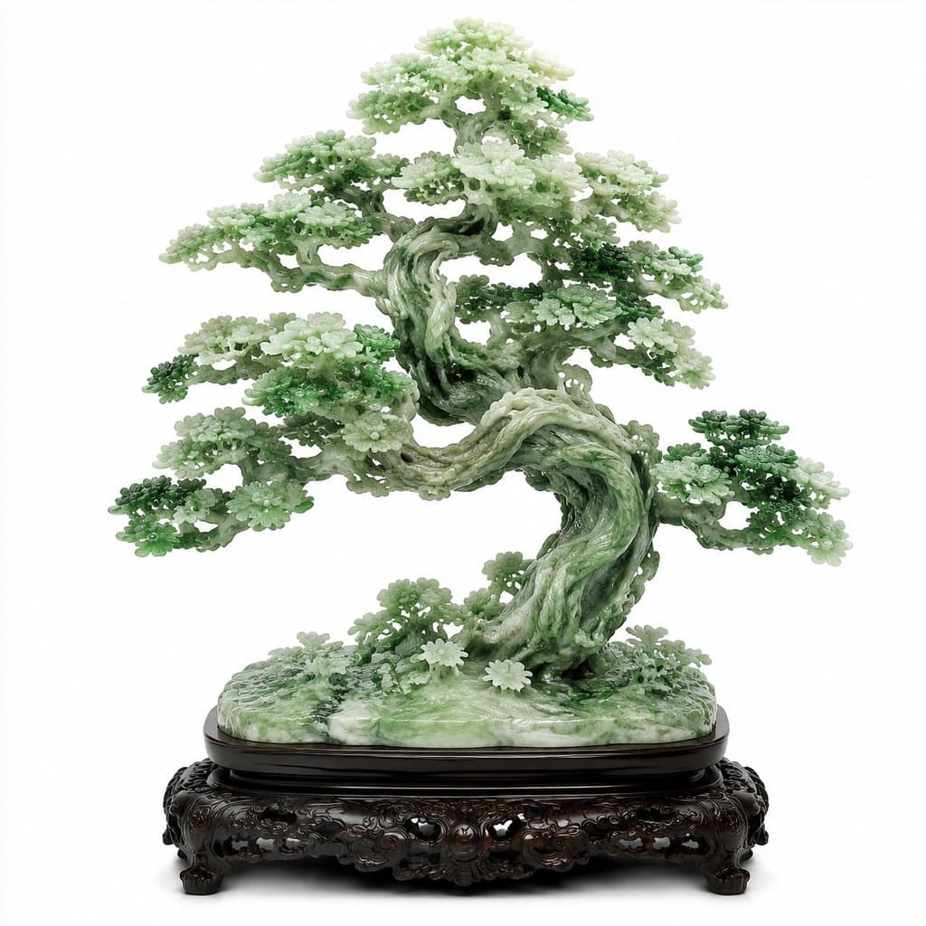 翡翠雕松树摆件，精细雕刻，古典底座，写实风格