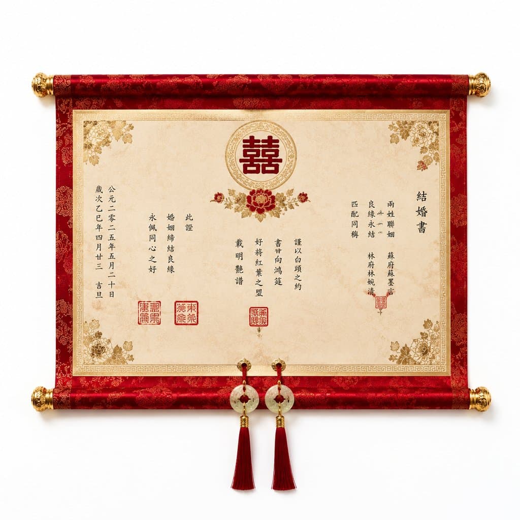 红色烫金绸面家族婚书，中式双喜图案，配印章与流苏，古典奢华风格