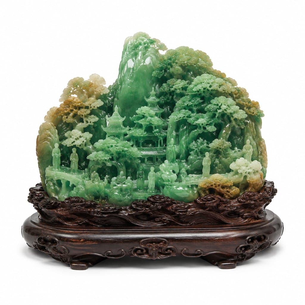 名贵翡翠摆件，温润绿玉雕工精细，配深色木座，中式园林景观