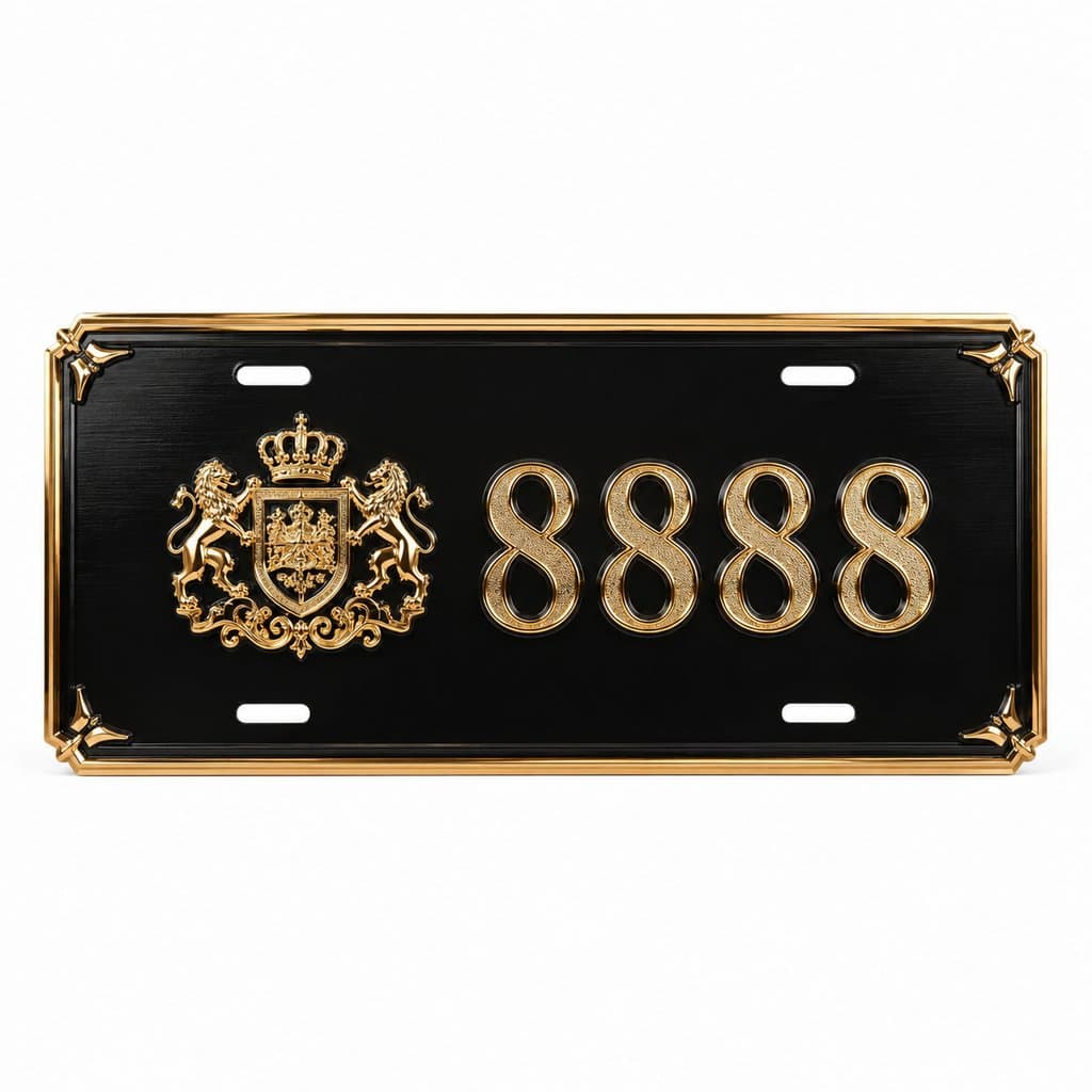 黑色镀金边私人定制车牌，金色徽章与数字8888，奢华写实风格
