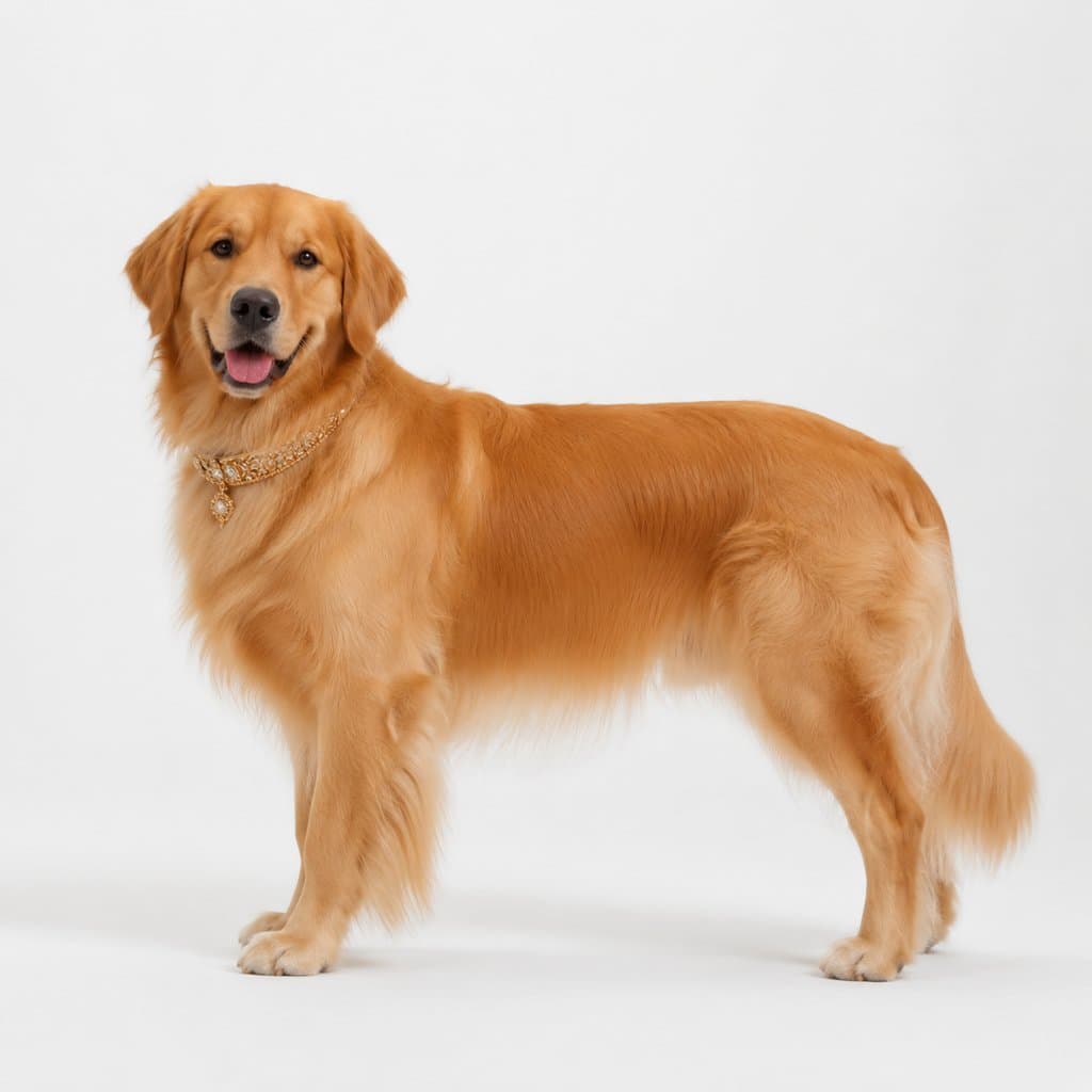 纯种金毛犬佩戴奢华项圈，金亮长毛，温顺姿态，写实风格