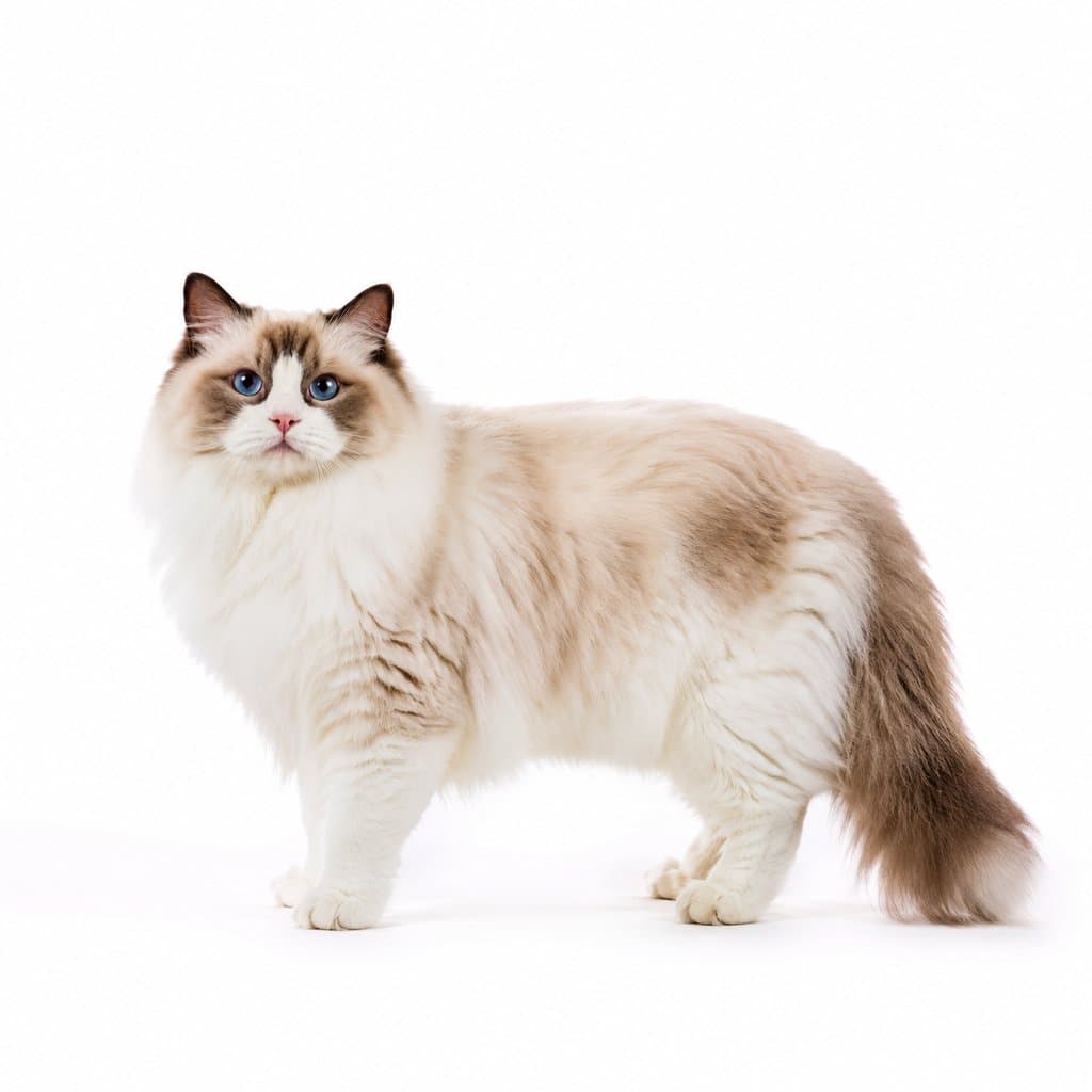 布偶猫，蓬松长毛，蓝色眼睛，温顺姿态，写实风格