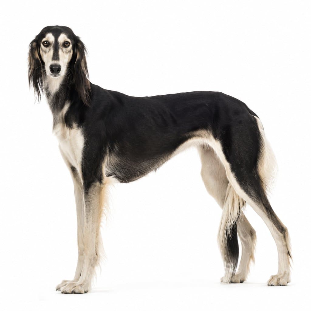 黑色与白色相间的名贵猎犬，站立姿态优雅，毛发光泽健美，英伦奢华风格写实动物图