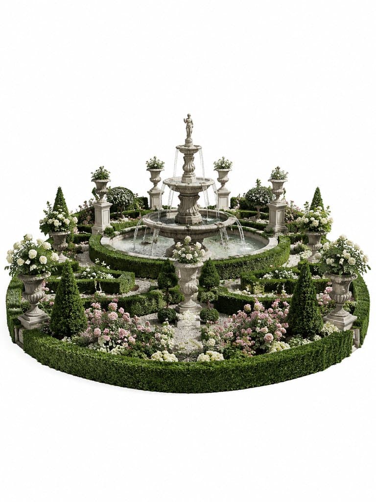 凡尔赛式花园喷泉，几何花圃与绿篱环绕，古典雕塑喷水，奢华写实风格