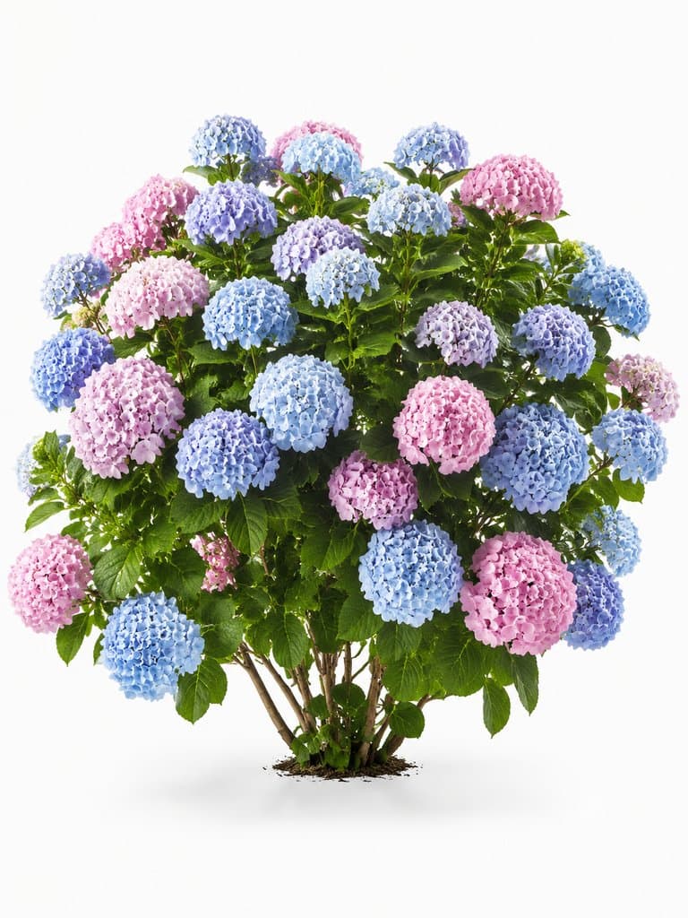 蓝粉相间的绣球花丛，绿叶衬托，写实风格3D植物素材
