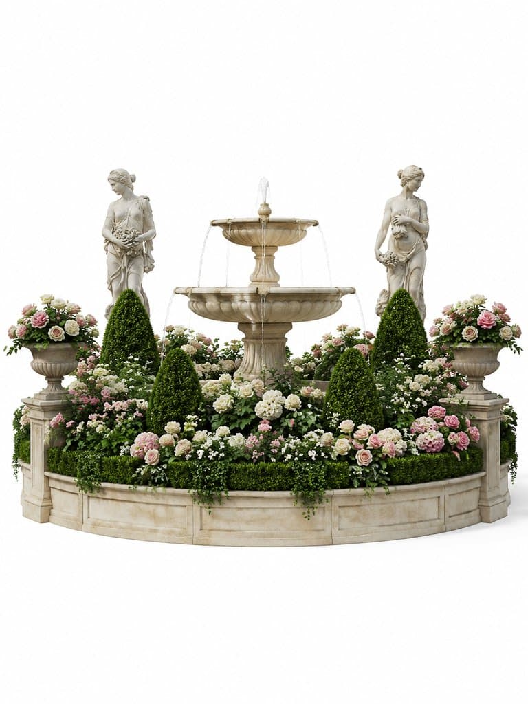 古典喷泉花坛，两侧女神雕像环绕，繁花绿篱点缀，奢华写实风格