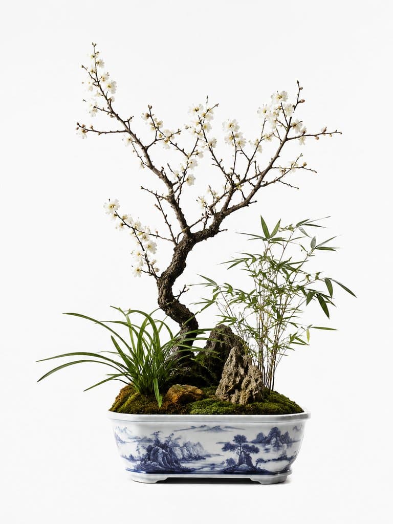 名贵梅兰竹菊盆景，雅致枝叶，青花瓷盆，写实风格