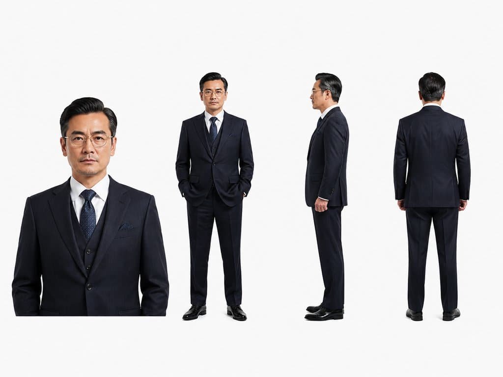 中年男性总裁身穿深色西装，佩戴金丝眼镜，正面、侧面及背面多角度展示，现代都市写实风格
