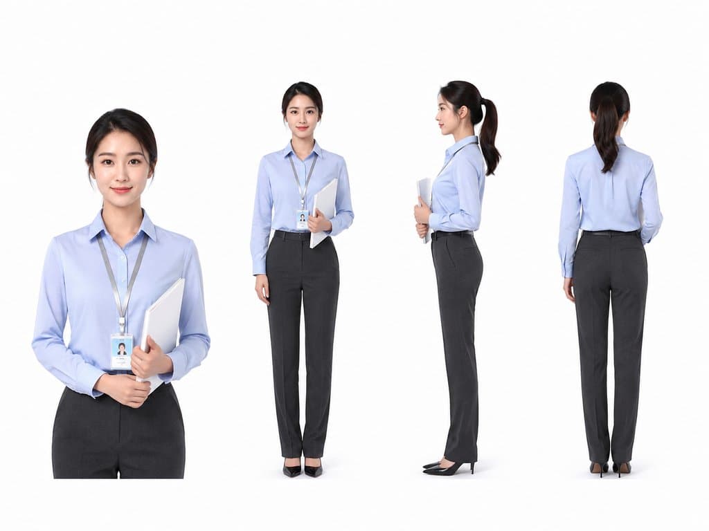 职场女性身穿浅蓝衬衫与深灰西裤，佩戴工牌手持文件，正面、侧面、背面多角度展示，现代都市写实风格