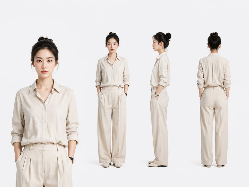 都市女主身穿米色朴素便装，多角度展示，清醒坚定，现代写实风格