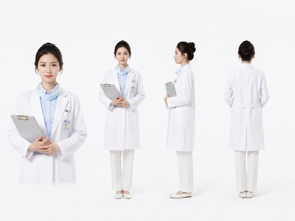 女医生身穿白大褂，盘发造型，手持病历夹，知性现代都市写实风格