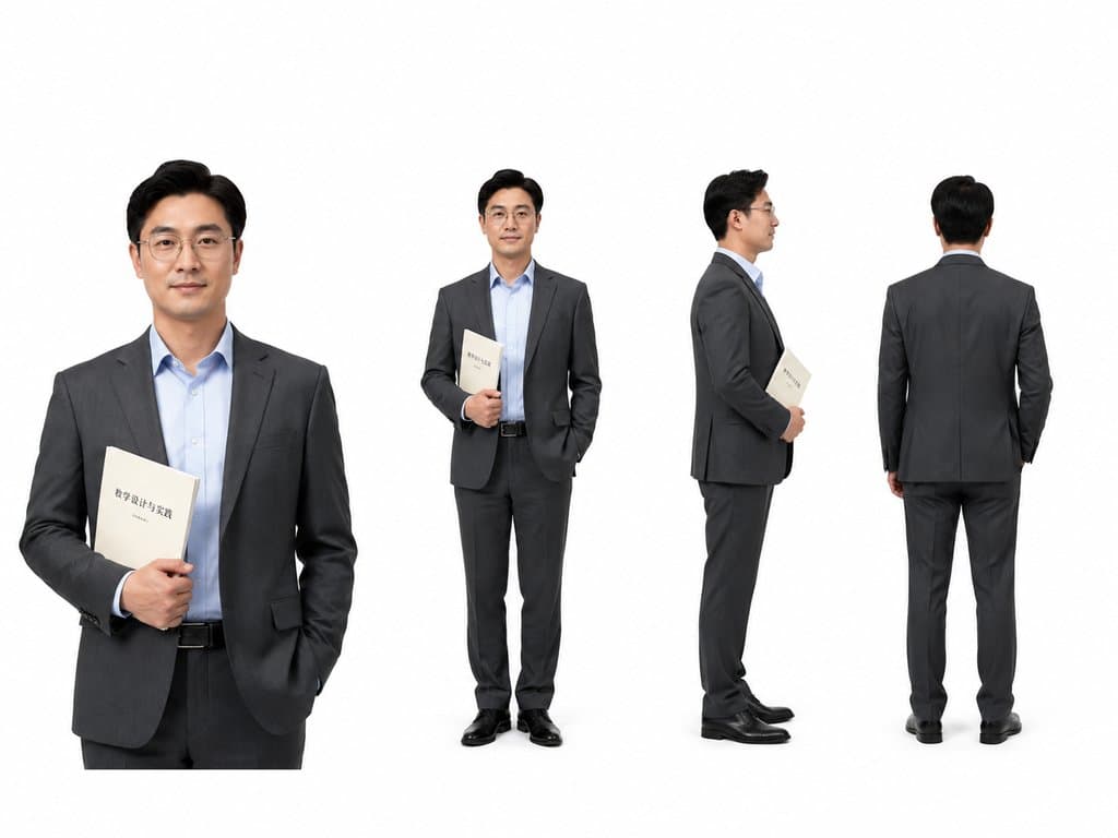 大学教授身穿灰色西装，手持书本，戴眼镜，正面、侧面、背面多角度展示，现代都市写实风格
