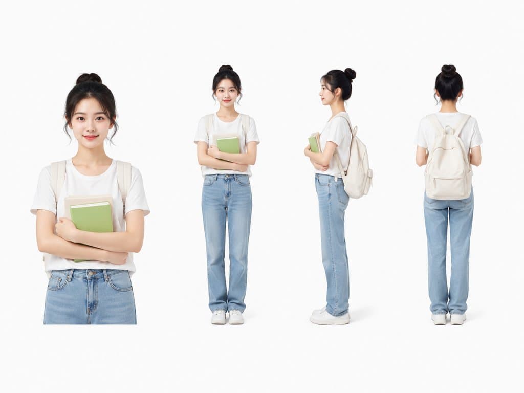 女大学生正面、侧面、背面视角，身穿白色T恤和牛仔裤，背着双肩包，手持绿色书本，清新校园风格