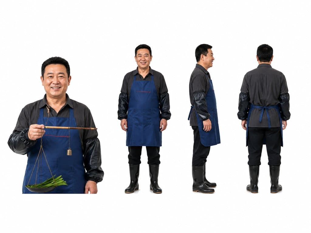 菜场摊主身穿蓝色围裙和黑色套袖，手持杆秤称量青菜，展示正面、侧面和背面视角，现代都市写实风格