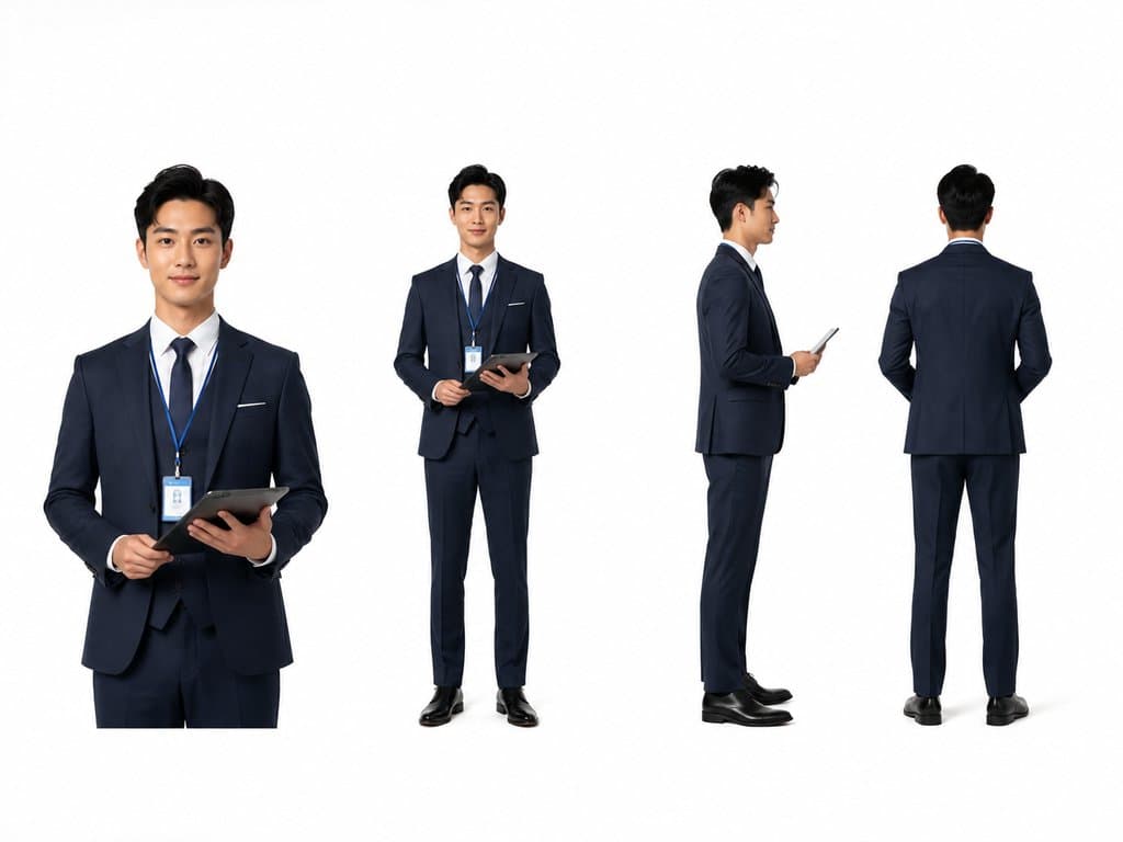 房产中介男性，身穿深蓝色西装马甲，佩戴工牌，手持平板电脑，现代都市写实风格