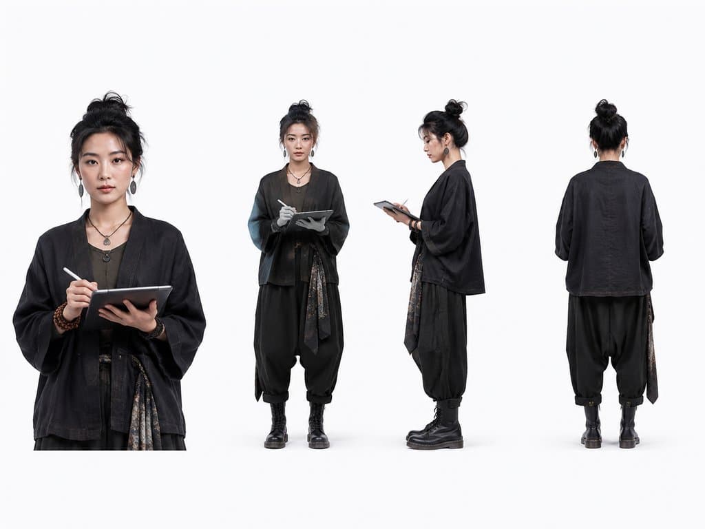 亚洲女性设计师，身穿文艺潮装，手持手绘板与笔，多角度展示，现代都市写实风格