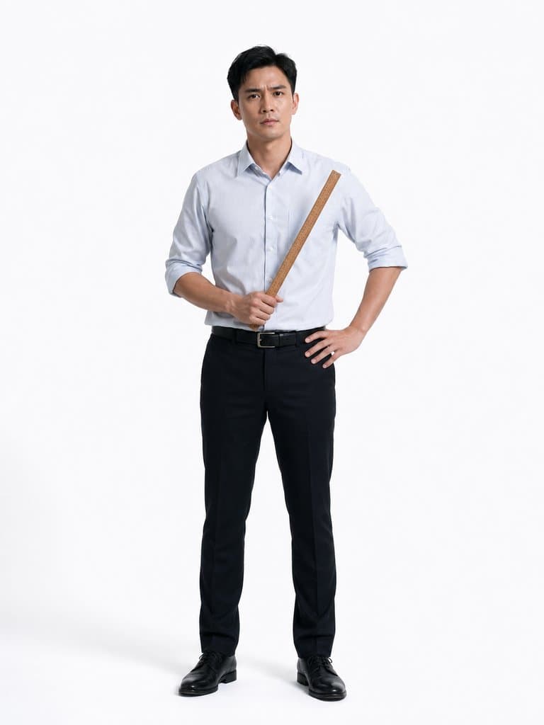 班主任手持教鞭，身穿浅蓝衬衫与黑色西裤，表情严肃，现代都市写实风格