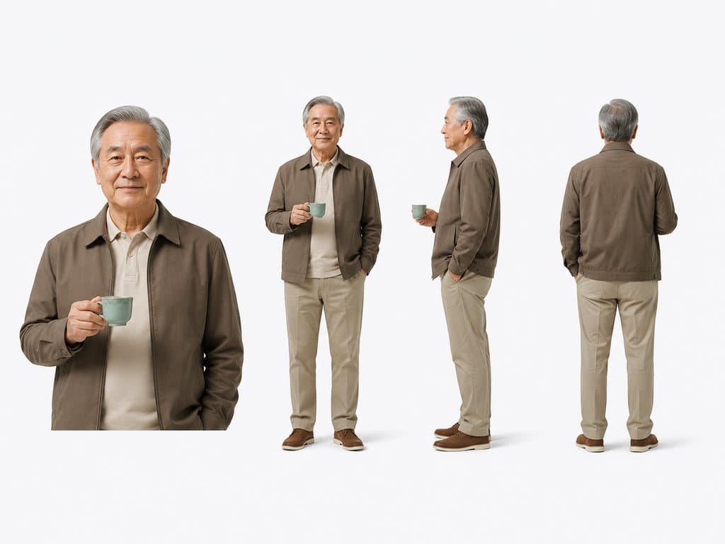 慈祥退休老人手持茶杯，身穿棕色夹克与米色裤子，现代都市写实风格3D角色参考图