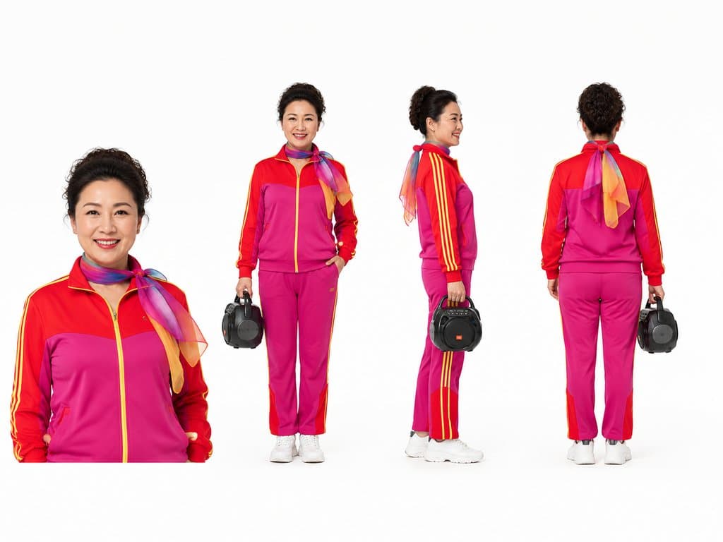 广场舞大妈身穿鲜艳运动服，佩戴彩色丝巾，手持音响，展现活力四射的现代都市形象