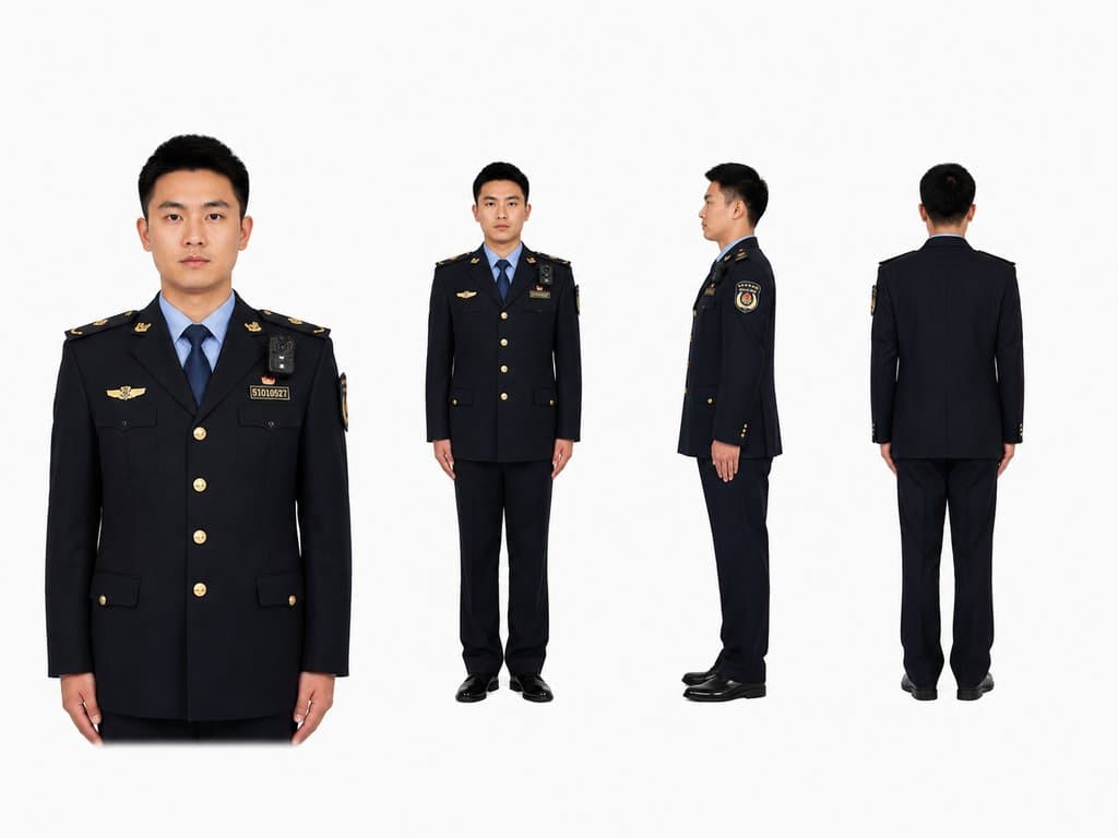城管执法人员身穿制服，佩戴执法记录仪，正面、侧面、背面多角度展示，现代都市写实风格