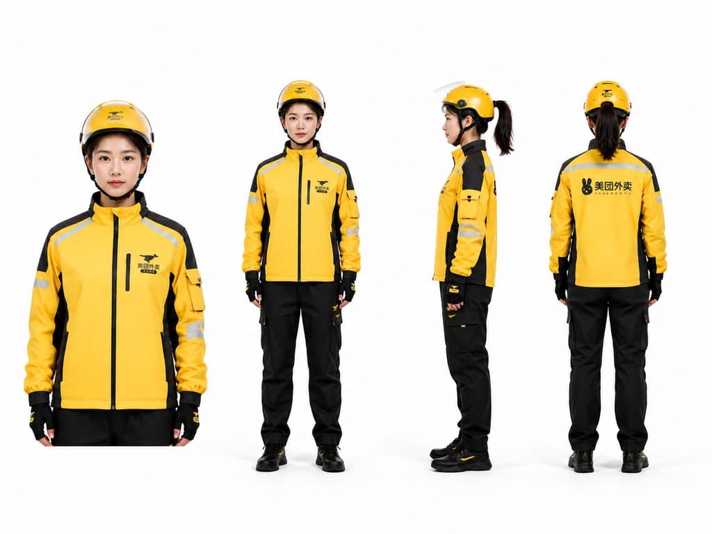 女性网约配送骑手，身穿黄色外卖制服，佩戴头盔，马尾辫，多角度展示，现代都市写实风格