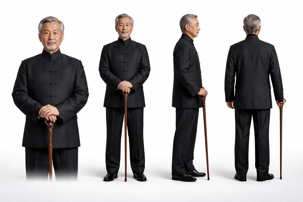 一位身穿黑色唐装、手持拐杖的威严老爷子，正面、侧面和背面多角度展示，现代都市写实风格