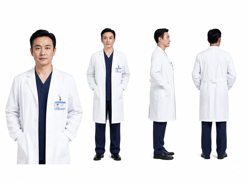 外科主任身穿白大褂，佩戴工作证，正面、侧面、背面多角度展示，现代都市写实风格