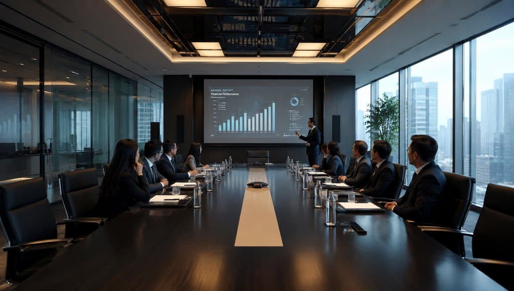 现代总裁会议室，玻璃幕墙，长会议桌，投影屏展示财务报告，商务人士开会，写实风格