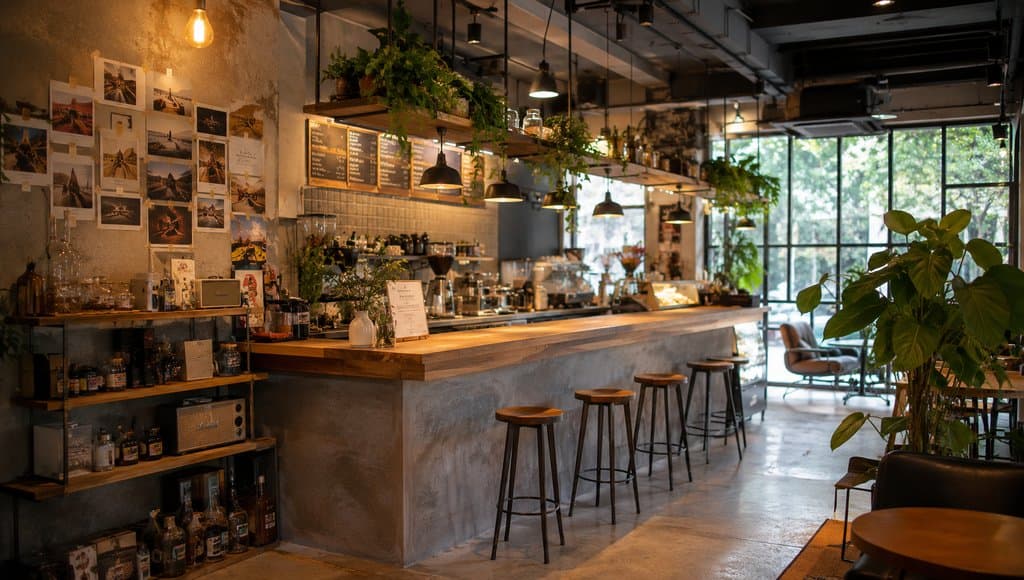现代网红咖啡店内部，原木吧台搭配绿植和打卡墙，工业风设计