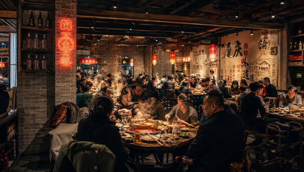 热闹的火锅店内部，铜锅红汤热气腾腾，多人围坐用餐，复古工业风装饰，霓虹灯与砖墙营造现代都市氛围
