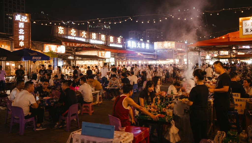 夜市大排档灯火通明，人群围坐塑料桌凳享用烧烤，串灯点缀，现代都市夜生活写实场景